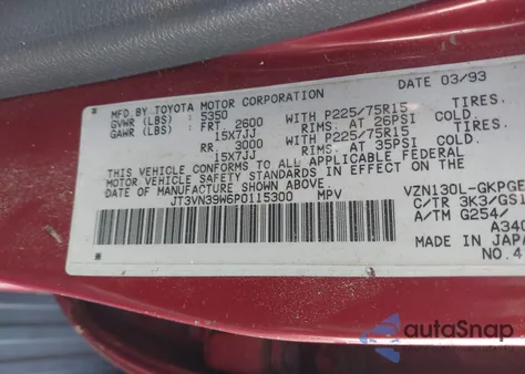 1993 Toyota 4Runner Vn39 Sr5 z USA, uszkodzony, nr VIN JT3VN39W6P0115300